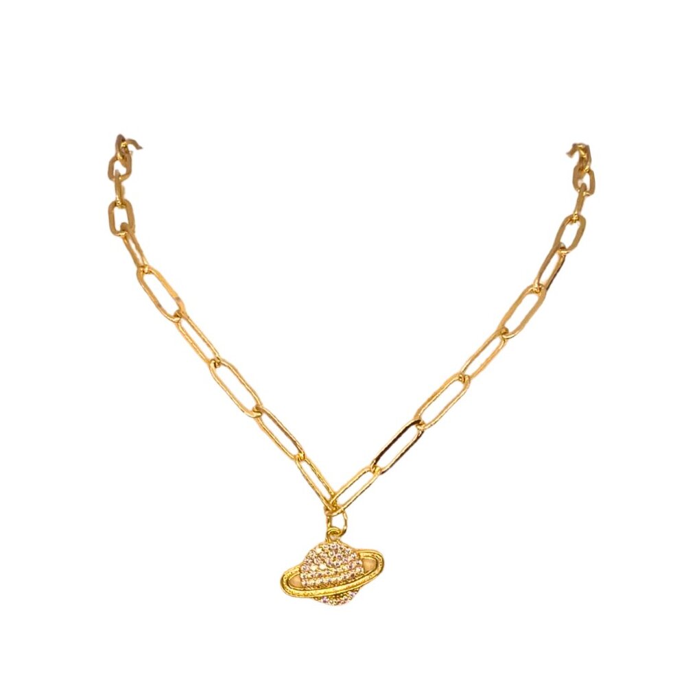 Gold Saturn Pendant Necklace – Adjustable 14"–16" – Dainty Sparkly Planet Charm
